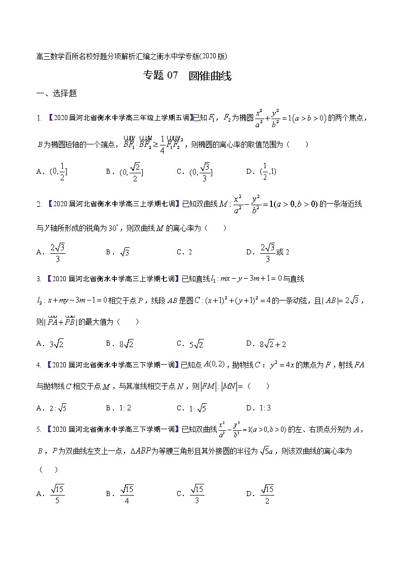高三数学百所名校好题分项解析汇编之衡水中学专版（2020版）专题07 圆锥曲线（第02期）（原卷版）第1页
