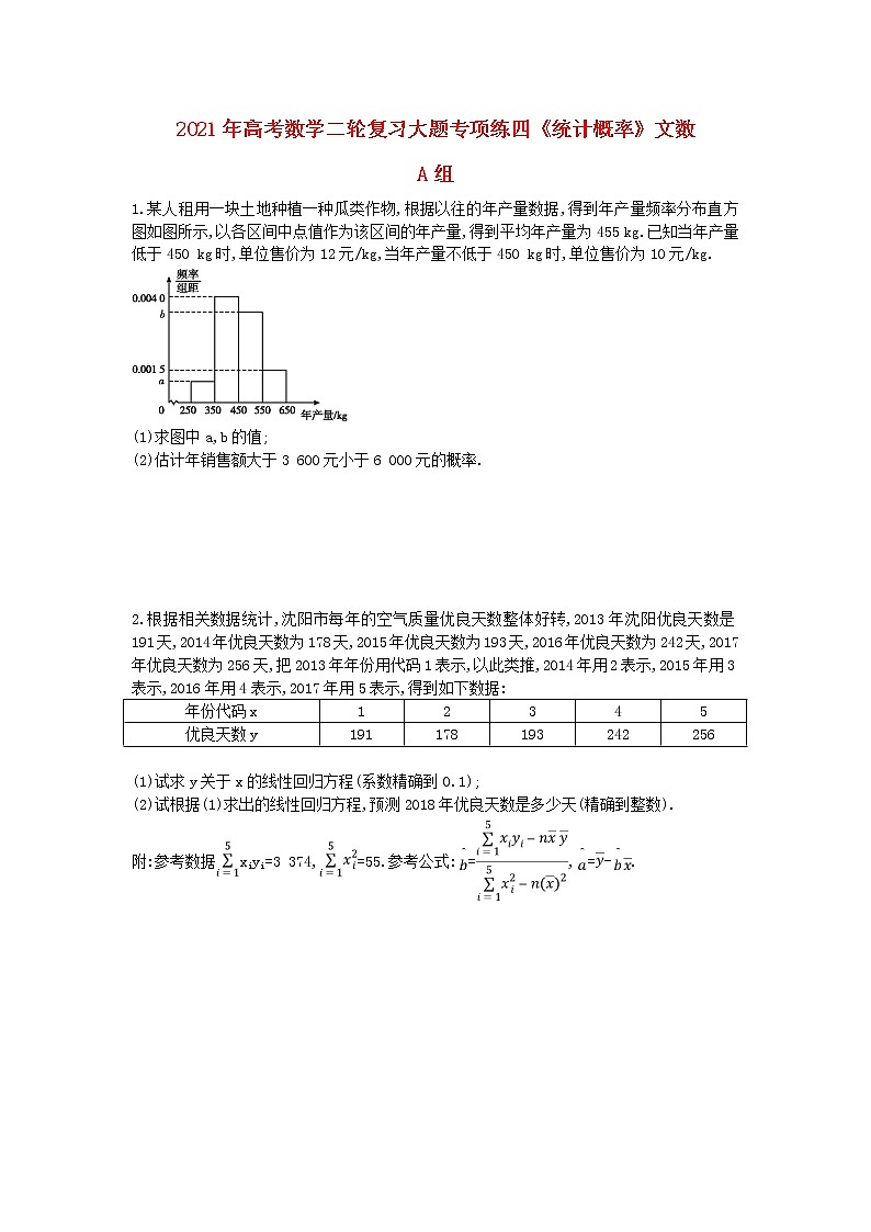 2021年高考数学二轮复习大题专项练四《统计概率》文数(含答案)01