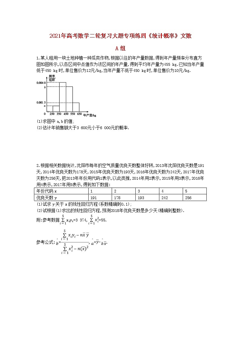 2021年高考数学二轮复习大题专项练四《统计概率》文数(含答案)01