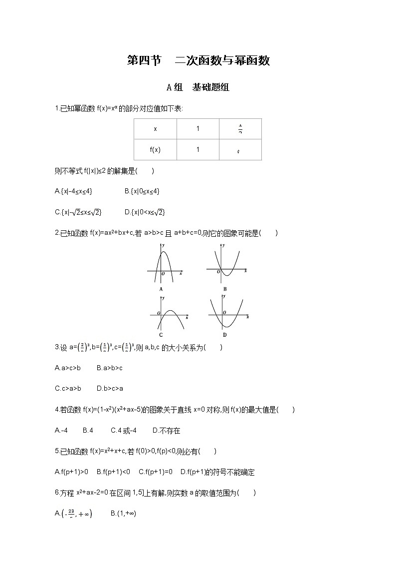 2021届高三数学（文）一轮复习夯基提能作业本：第二章 函数 第四节 二次函数与幂函数 Word版含解析 练习01