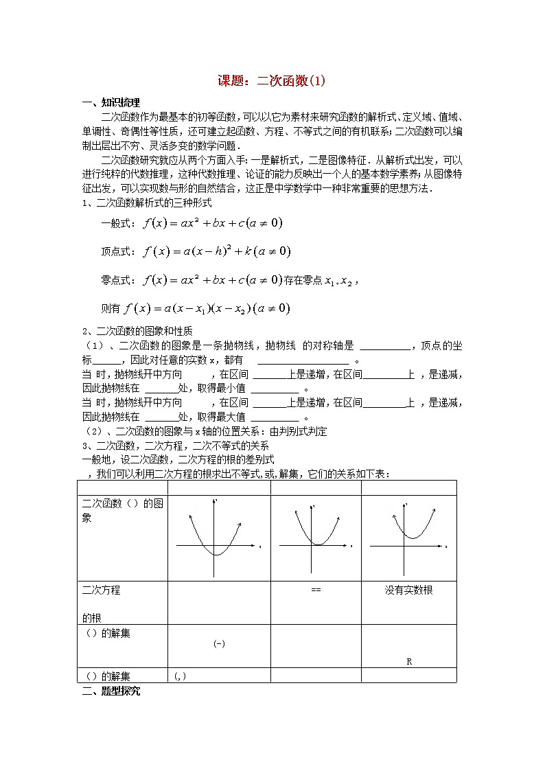 高三数学第一轮复习 二次函数（1）教案 文01