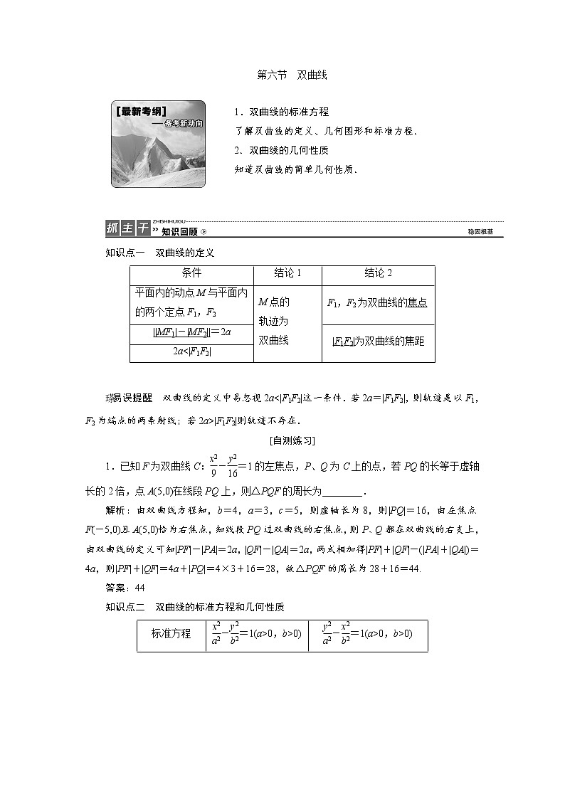 高三数学人教版a版数学（理）高考一轮复习教案：8.6 双曲线 word版含答案01