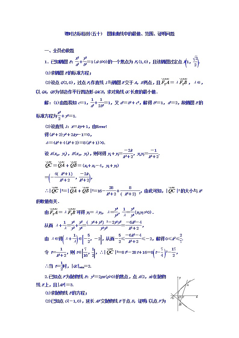 2021高考数学（理）大一轮复习习题：第九章 解析几何 课时达标检测（五十） 圆锥曲线中的最值、范围、证明问题 word版含答案01