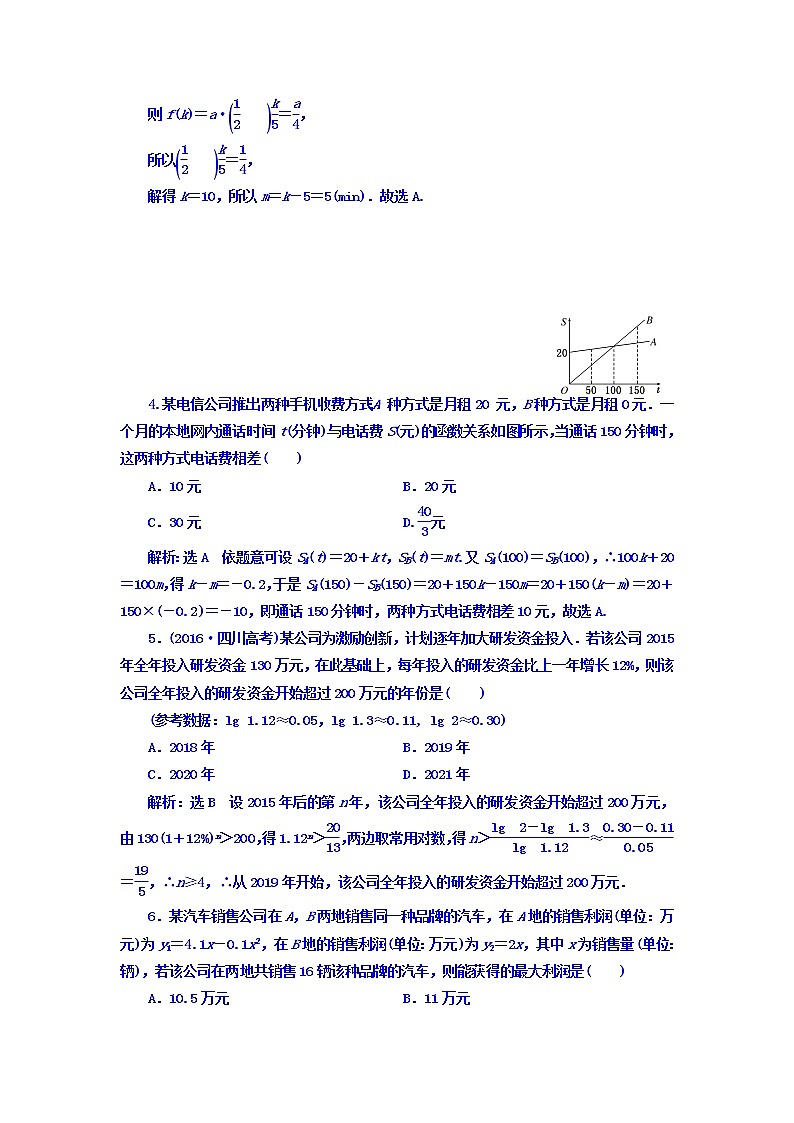 2021高考数学（理）大一轮复习习题：第三章 导数及其应用 课时达标检测（十三） 函数模型及应用 word版含答案03