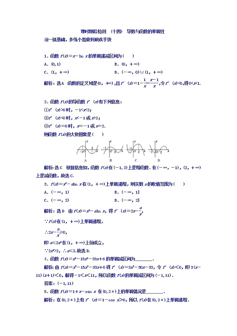 2021高考数学（文）大一轮复习习题 第二章 函数、导数及其应用 课时跟踪检测 （十四）　导数与函数的单调性 word版含答案01