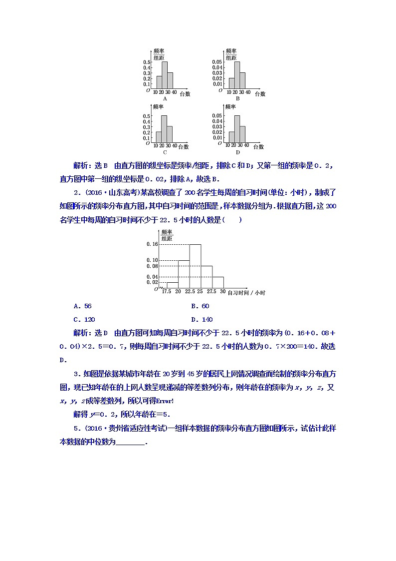 2021高考数学（文）大一轮复习习题 第十章 算法初步、统计、统计案例 课时跟踪检测 （五十六）　用样本估计总体 word版含答案02