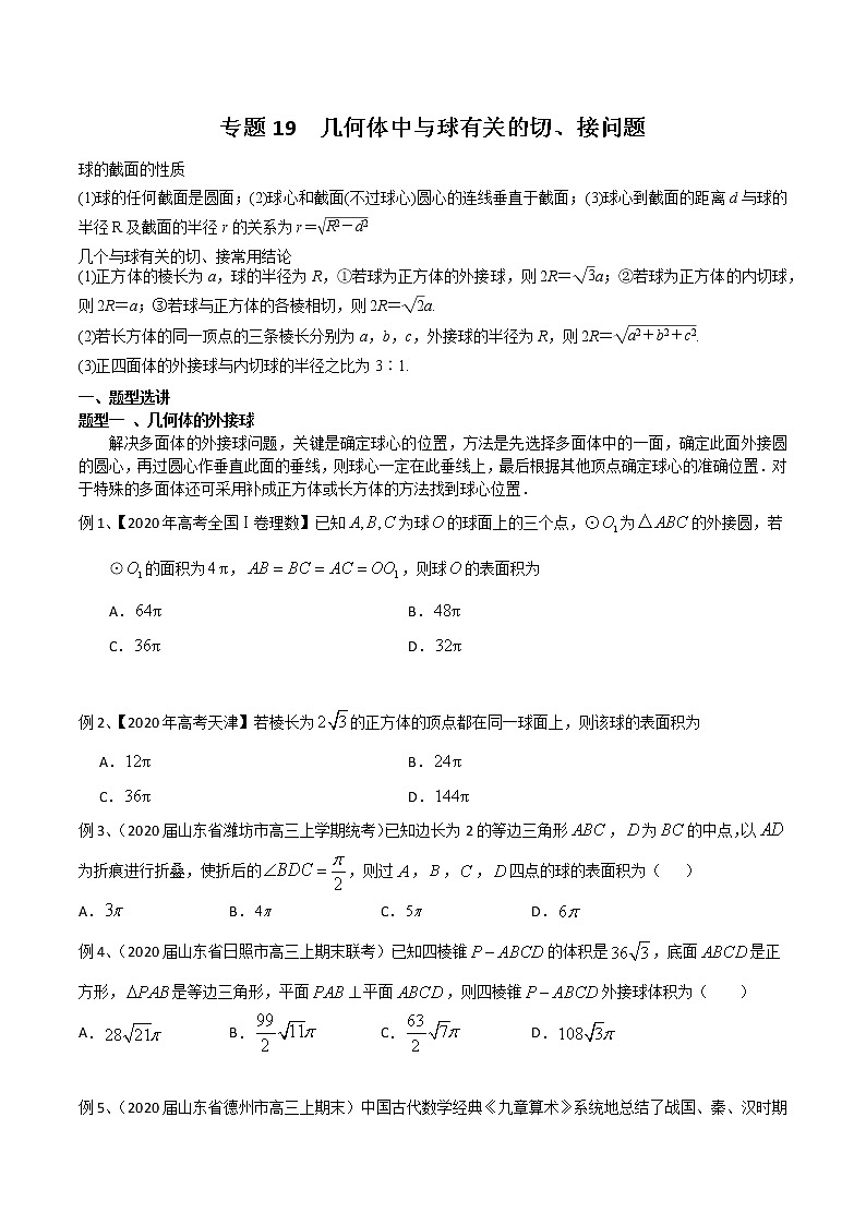 专题19 几何体中与球有关的切、接问题-2021年高考数学微专题复习（新高考地区专用）练习01