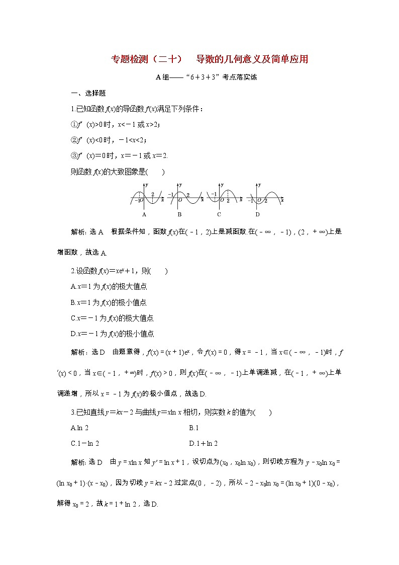 全国版2021届高考数学二轮复习专题检测二十导数的几何意义及简单应用文含解析01