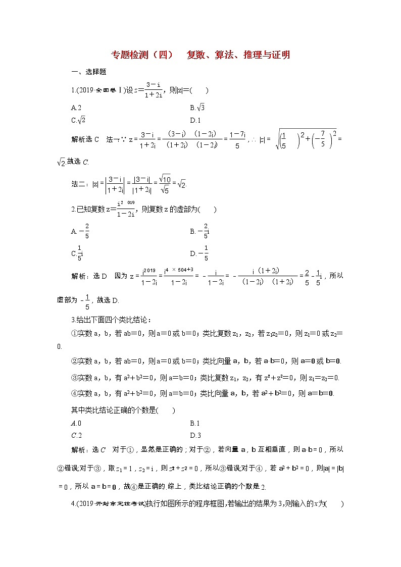 全国版2021届高考数学二轮复习专题检测四复数算法推理与证明文含解析01