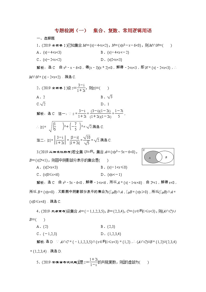 全国版2021届高考数学二轮复习专题检测一集合复数常用逻辑用语理含解析第1页