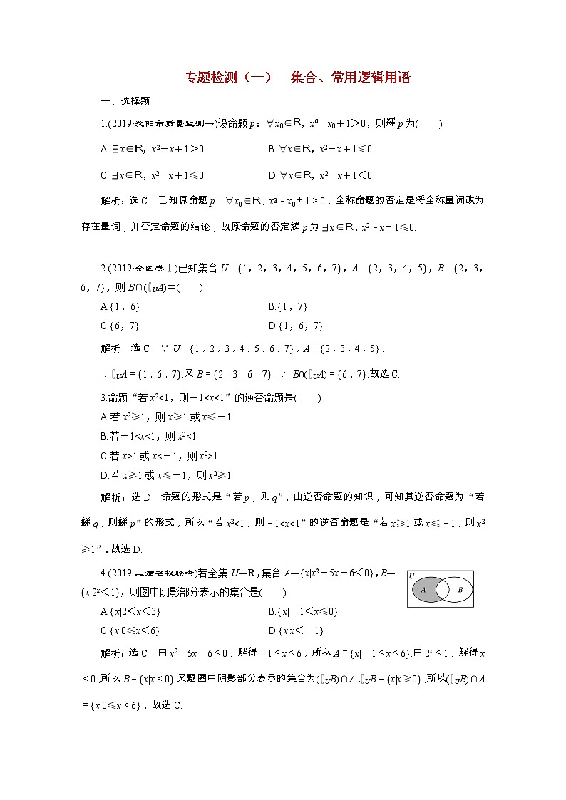 全国版2021届高考数学二轮复习专题检测一集合常用逻辑用语文含解析第1页