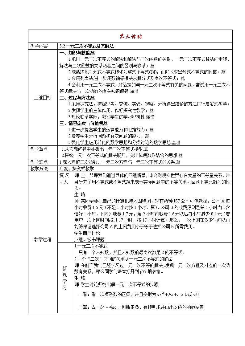 高二人教A版必修5系列教案：3.2一元二次不等式及其解法01