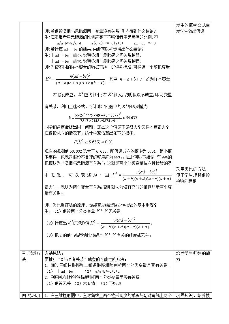 高中数学 3.2独立性检验的基本思想及其应用第1课时教案 新人教版选修2-303