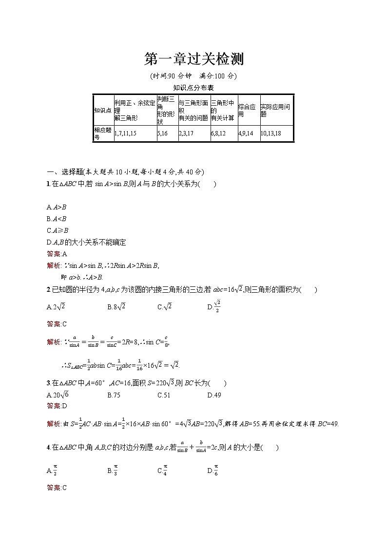 高二数学人教A必修5练习：第一章 解三角形 过关检测 Word版含解析01