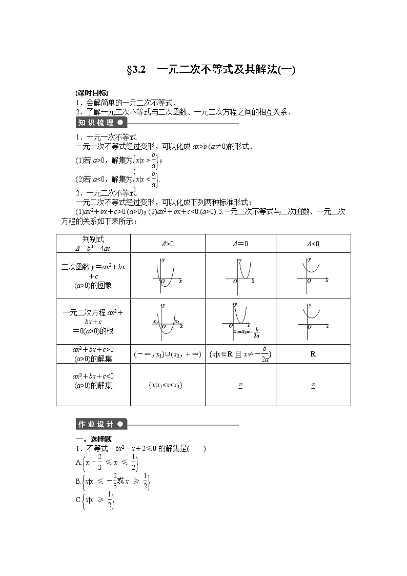 高二数学人教A必修5练习：3.2 一元二次不等式及其解法（一） Word版含解析01