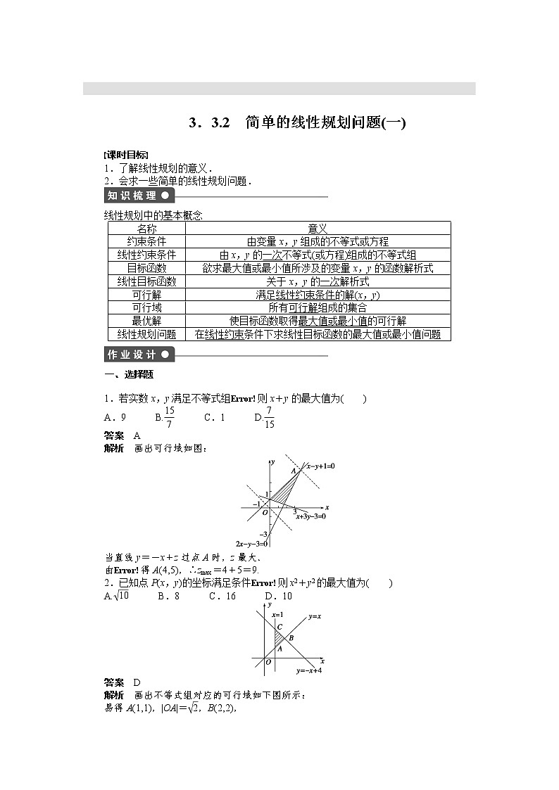 高二数学人教A必修5练习：3.3.2 简单的线性规划问题（一） Word版含解析01