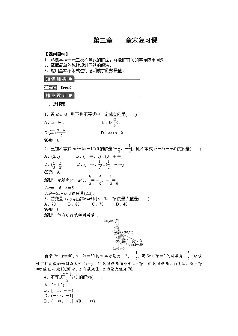 高二数学人教A必修5练习：第三章 不等式 复习课 Word版含解析01
