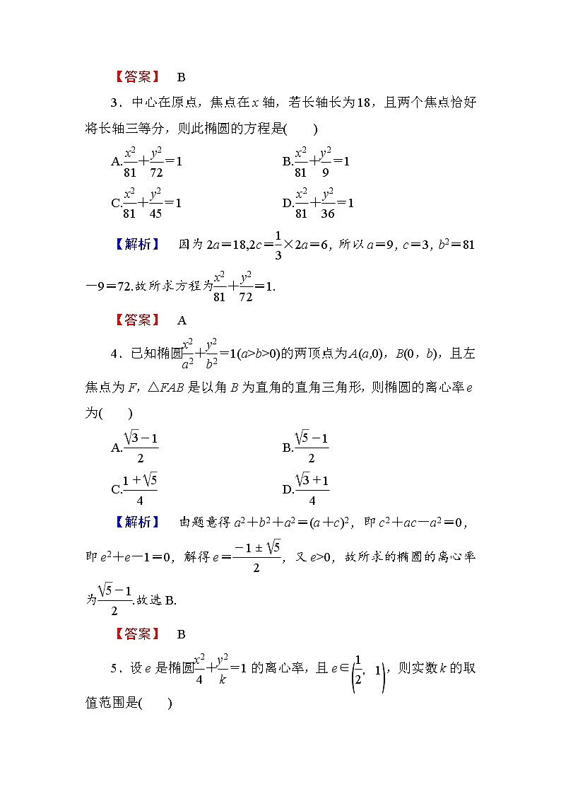 高中数学人教A版选修1-1学业分层测评7 椭圆的简单几何性质 Word版含解析02