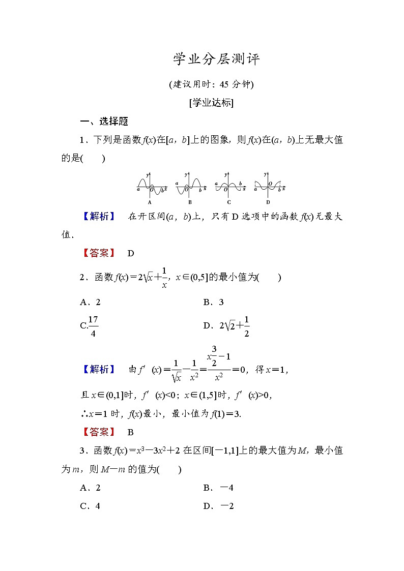 高中数学人教A版选修1-1学业分层测评18 函数的最大（小）值与导数 Word版含解析01