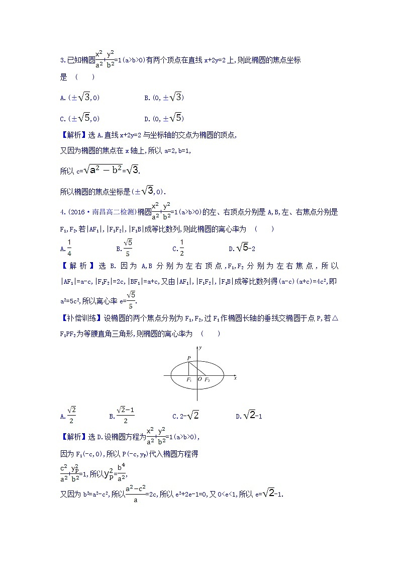 人教A版高中数学选修1-1课时提升作业 十 2.1.2 椭圆的简单几何性质 第1课时 椭圆的简单几何性质 精讲优练课型 Word版含答案02