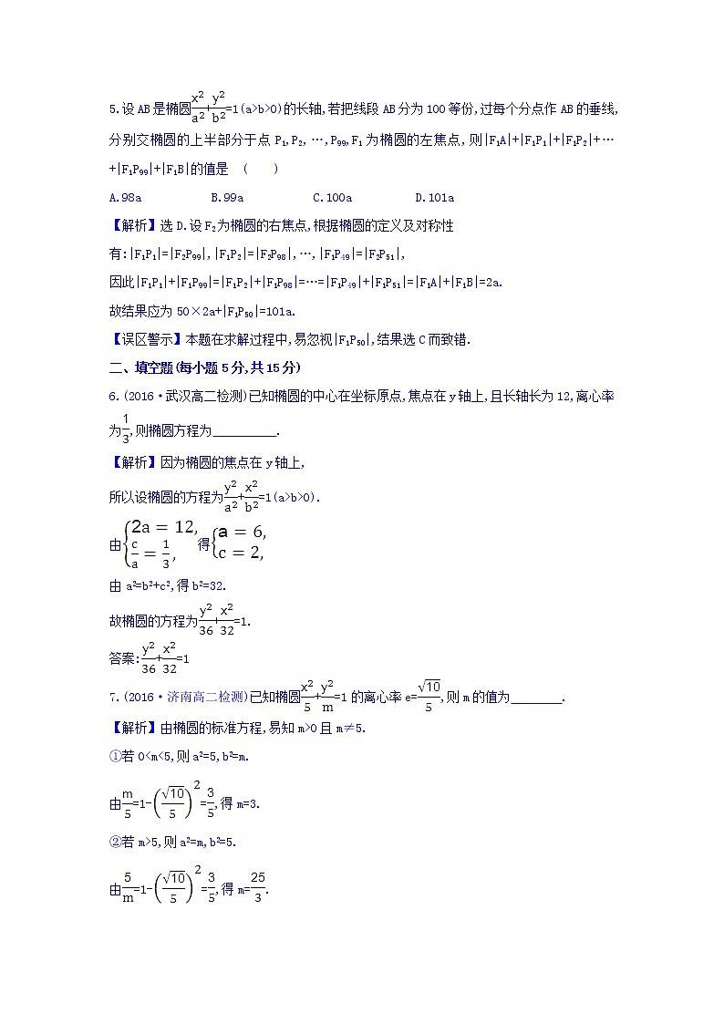 人教A版高中数学选修1-1课时提升作业 十 2.1.2 椭圆的简单几何性质 第1课时 椭圆的简单几何性质 精讲优练课型 Word版含答案03