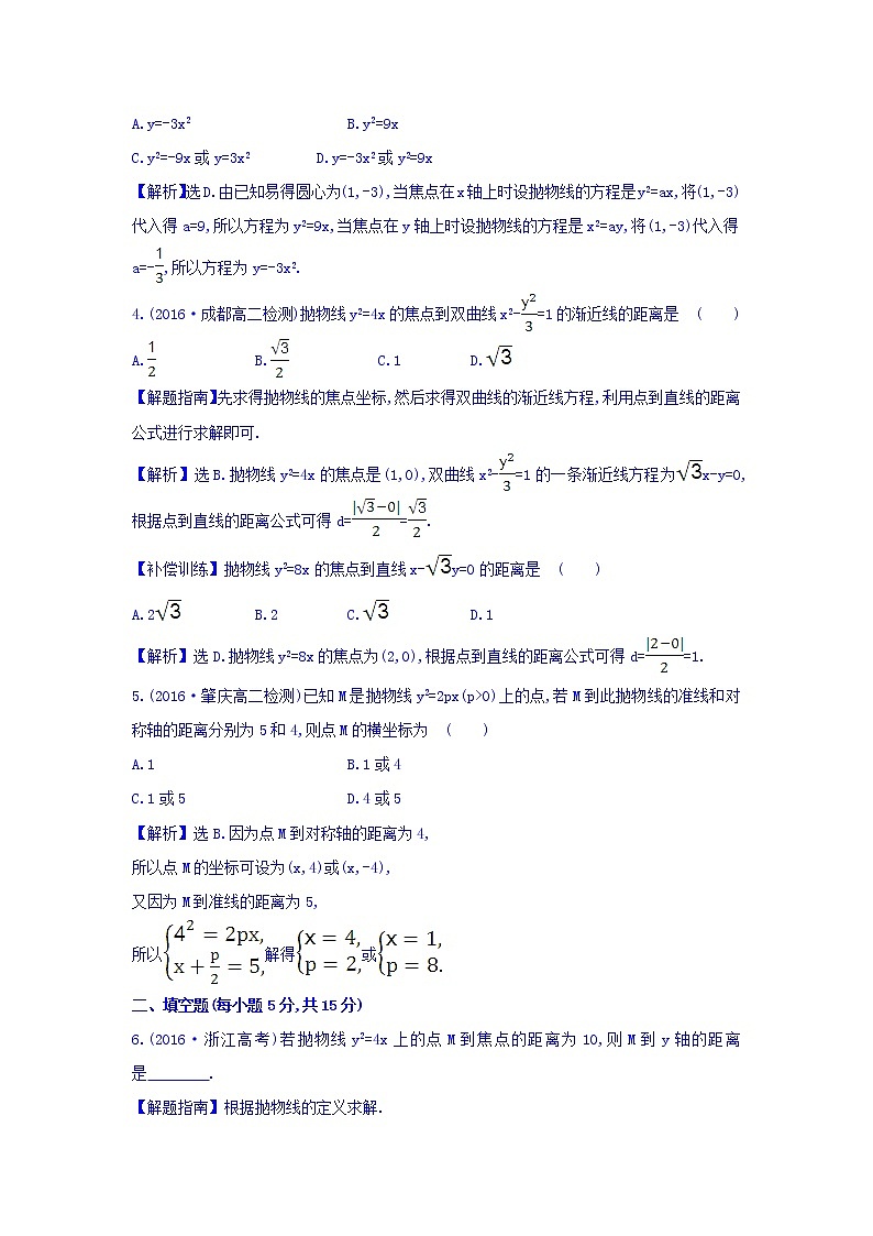 人教A版高中数学选修1-1课时提升作业 十五 2.3.1 抛物线及其标准方程 精讲优练课型 Word版含答案02