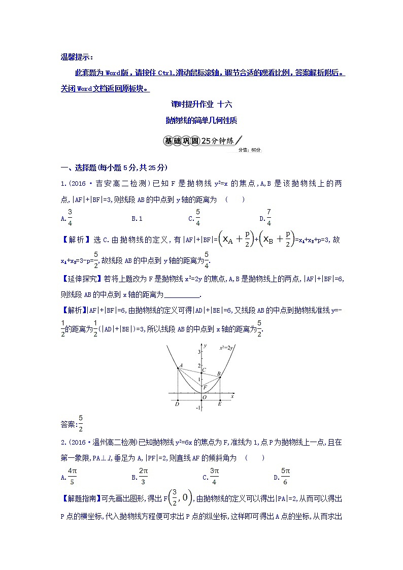 人教A版高中数学选修1-1课时提升作业 十六 2.3.2 抛物线的简单几何性质 第1课时 抛物线的简单几何性质 精讲优练课型 Word版含答案01