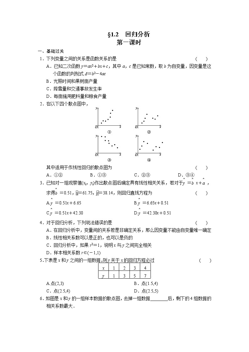 高二数学人教选修1-2同步练习：1.2 回归分析 第一课时 Word版含解析01