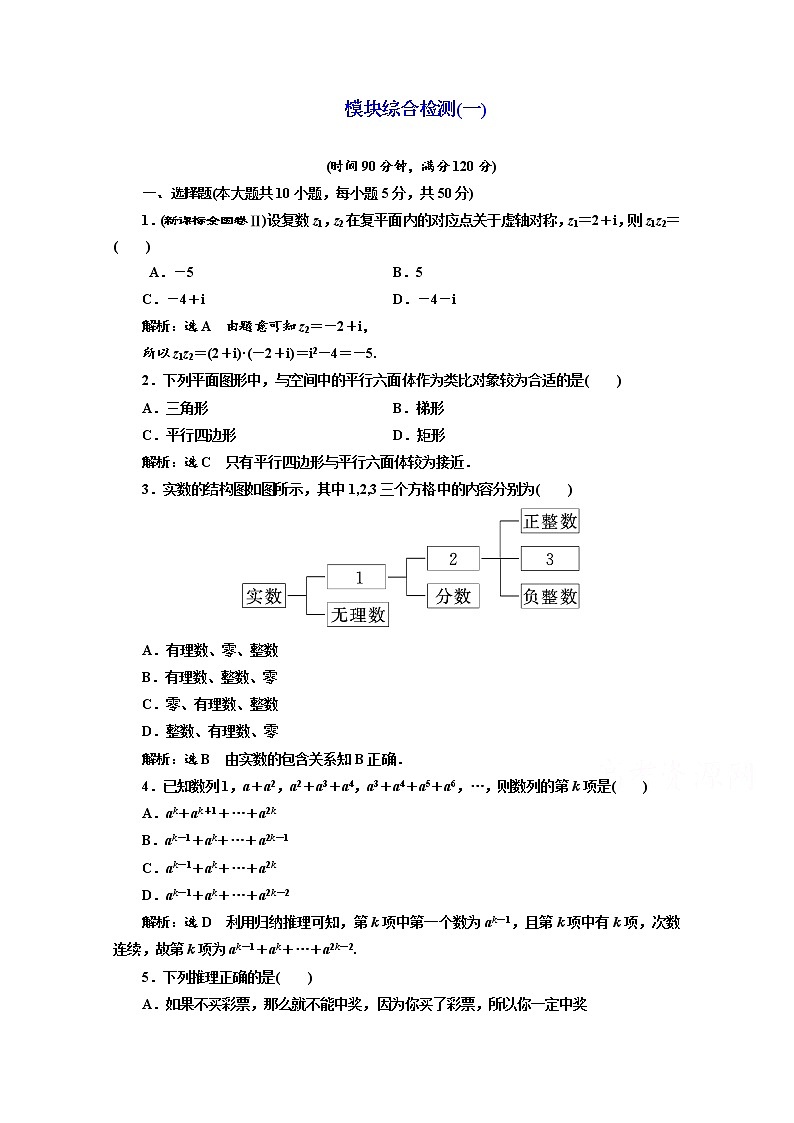 高中数学人教A版选修1-2模块综合检测（一~二） Word版含解析01