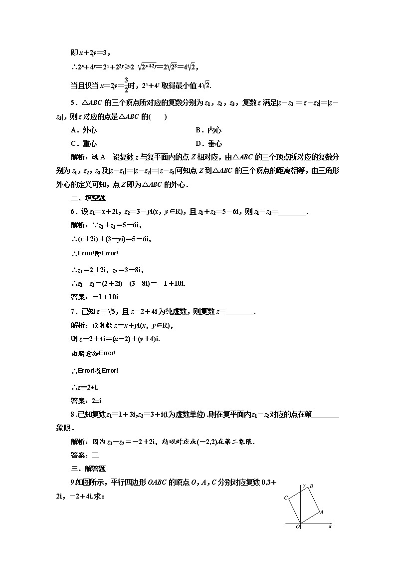 高中数学人教A版选修1-2课时跟踪检测（九）　复数代数形式的加减运算及其几何意义 Word版含解析02