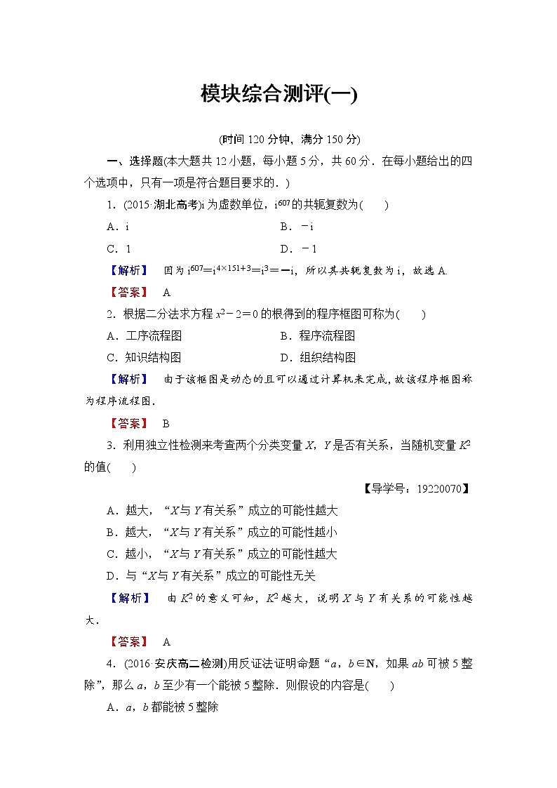 高中数学人教A版选修1-2模块综合测评1 Word版含解析01