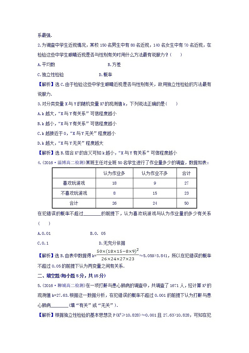 高中数学人教版选修1-2课时提升作业二 1.2 独立性检验的基本思想及其初步应用 Word版含答案02