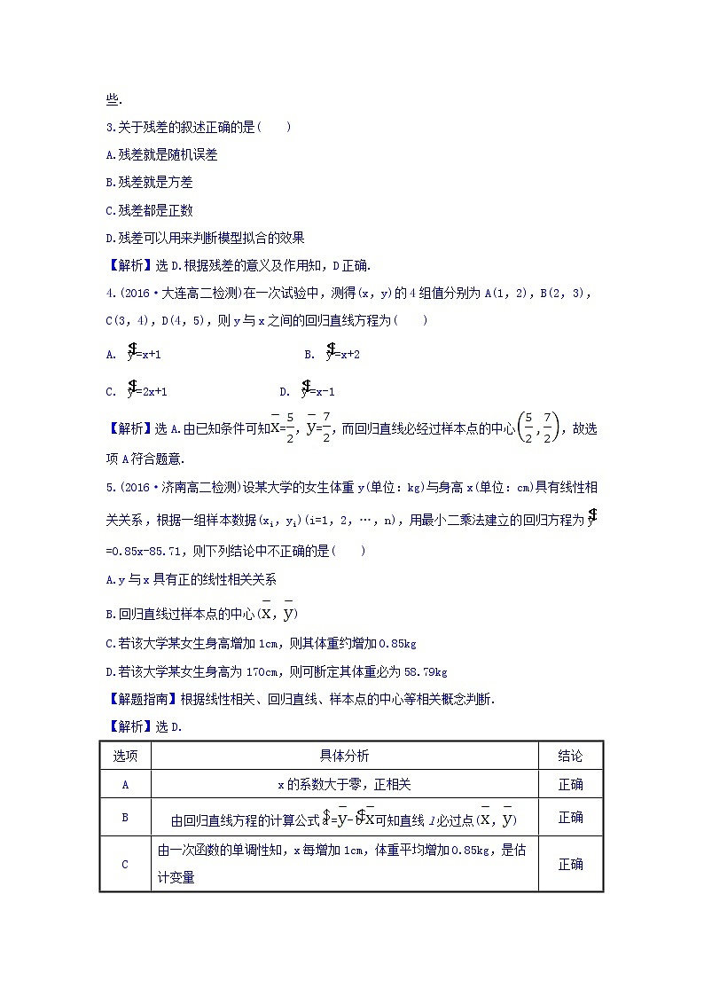 高中数学人教版选修1-2课时提升作业一 1.1 回归分析的基本思想及其初步应用 习题 Word版含答案02