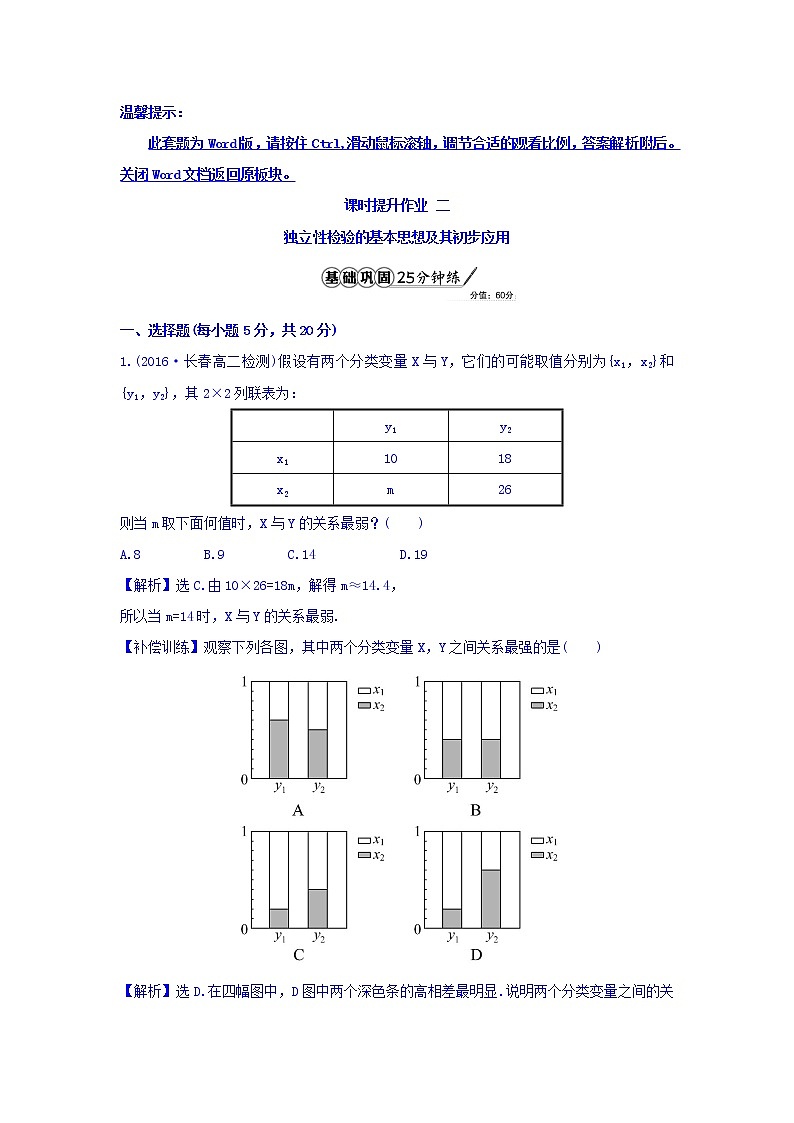 高中数学人教版选修1-2课时提升作业二 1.2 独立性检验的基本思想及其初步应用 精讲优练课型 Word版含答案01