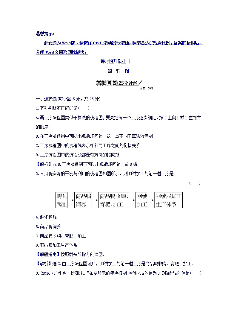 高中数学人教版选修1-2课时提升作业十二 4.1 流程图 精讲优练课型 Word版含答案01