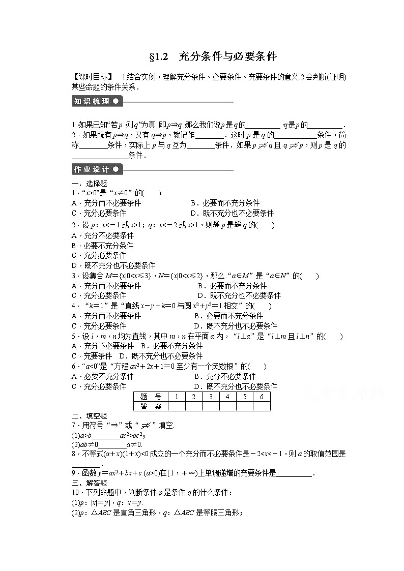 高中数学（人教版A版选修2-1）配套课时作业：第一章　常用逻辑用语 1.2 Word版含答案 练习01