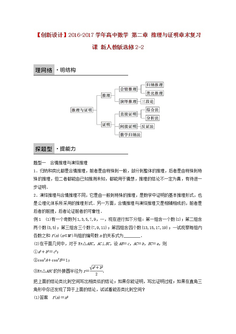 高中数学新人教版选修2-2课时作业：第二章 推理与证明章末复习课 Word版含解析 练习01