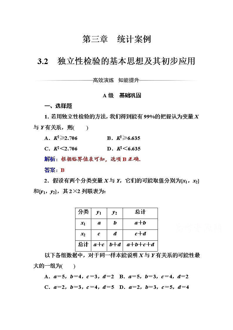 人教版高中数学选修2-3练习：第三章3.2独立性检验的基本思想及其初步应用 Word版含解析01