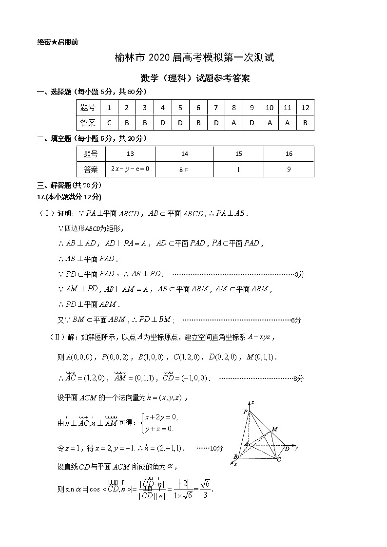 2020届陕西省榆林市高三模拟第一次测试数学理试题 PDF版01