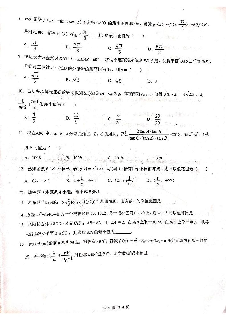 2020届安徽省合肥一六八中学高三第四次模拟考试数学（理）试题 PDF版02