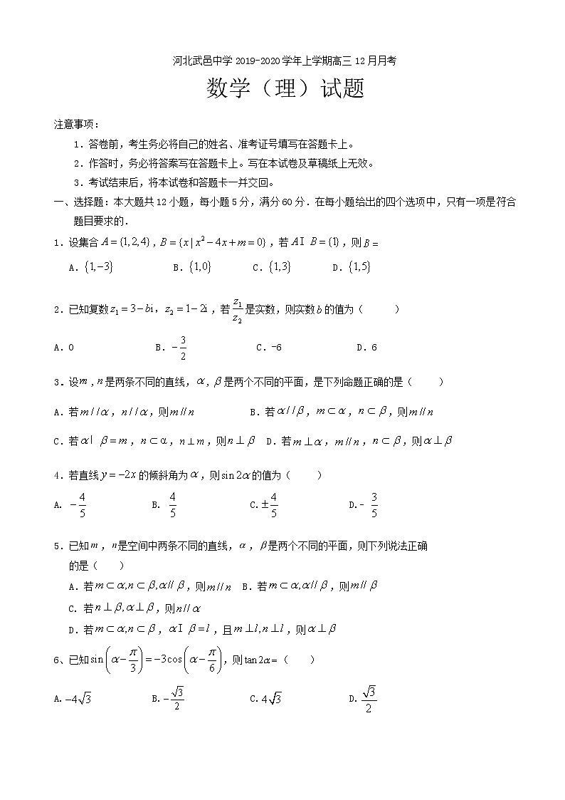 2020届河北省武邑中学高三12月月考数学（理）试题01