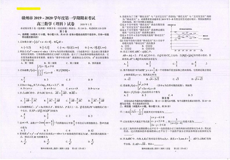 2020届江西省赣州市高三上学期期末考试数学（理）试题 PDF版01