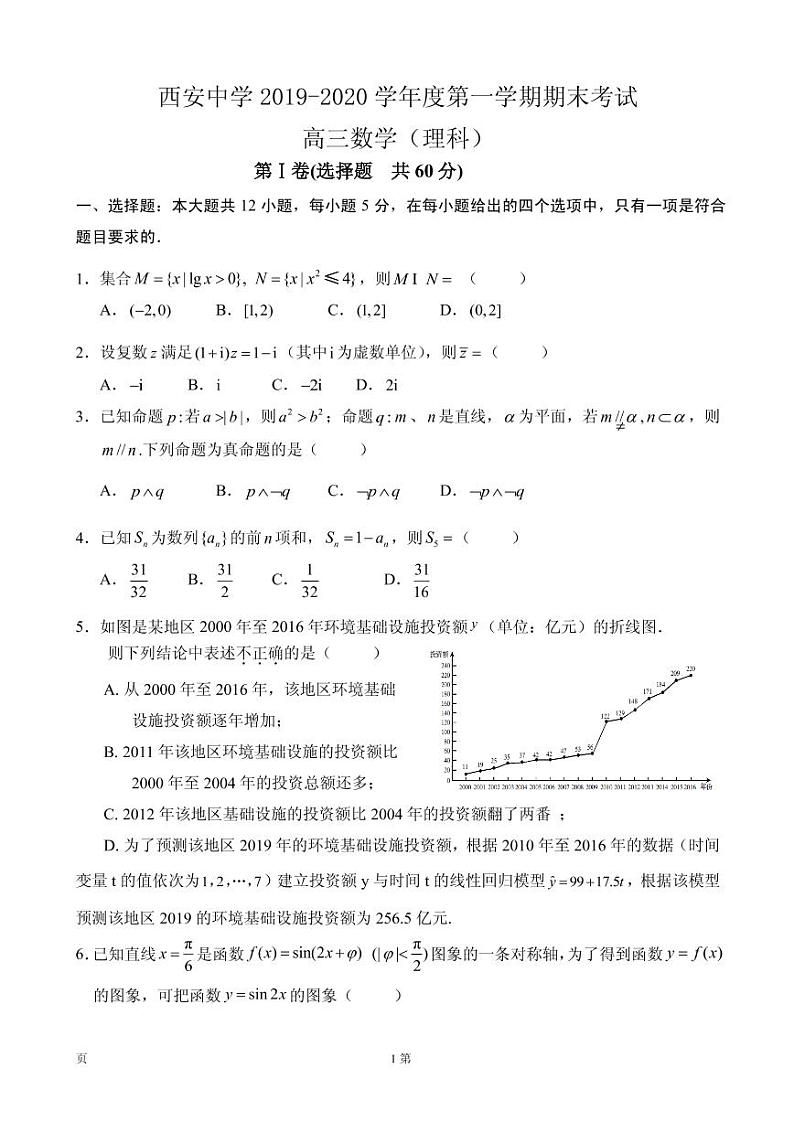 2020届陕西省西安中学高三上学期期末考试数学（理）试题（PDF版）01