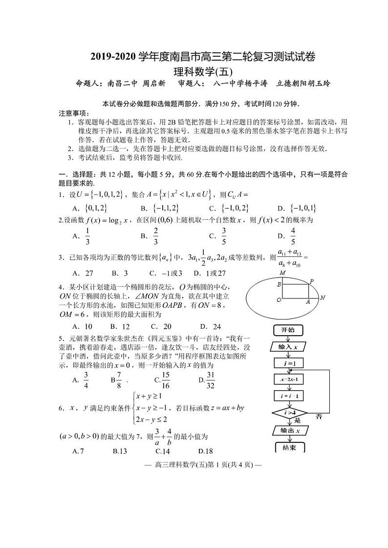 江西省南昌市2020届高三第二轮复习测试卷理科数学（五） PDF版含解析01