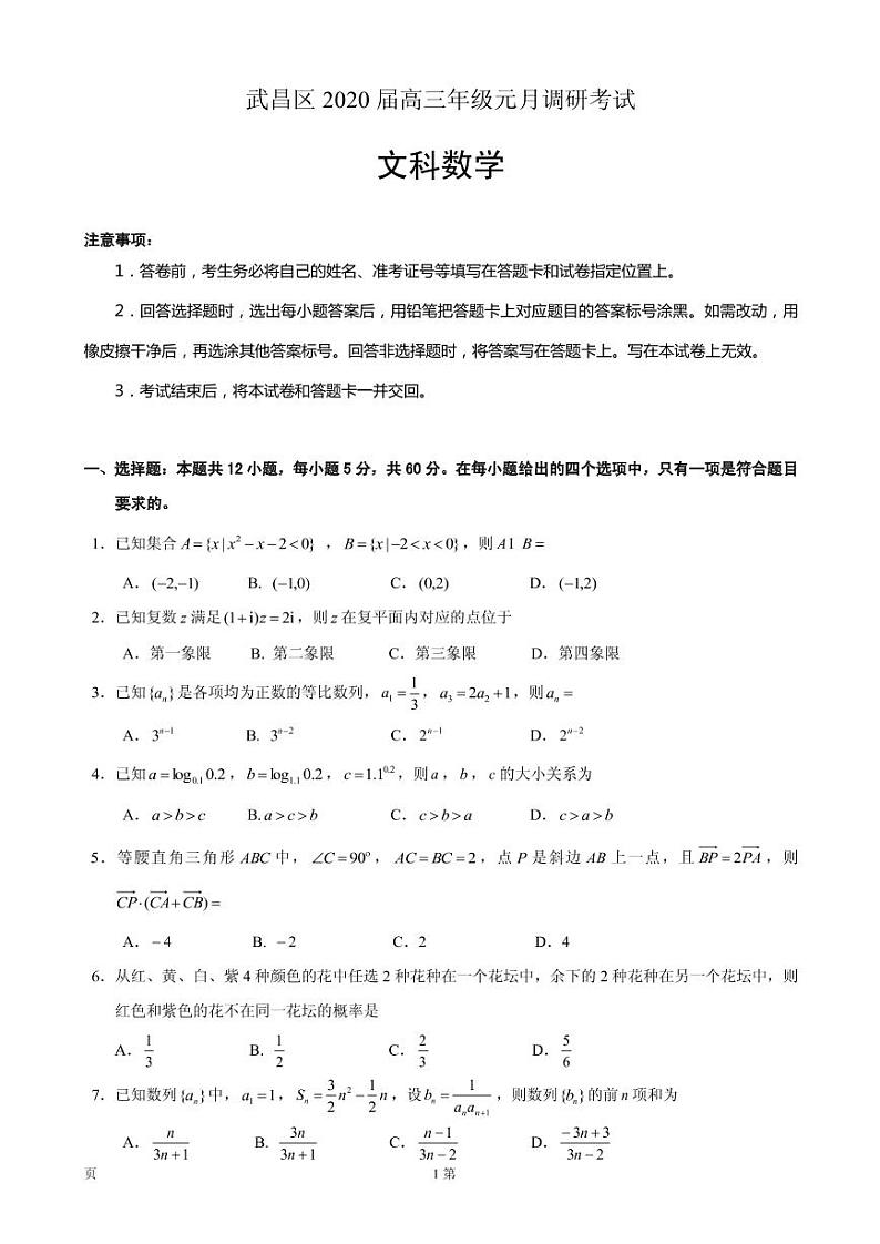 2020届湖北省武汉市武昌区高三元月调研考试数学（文）试题（PDF版）01