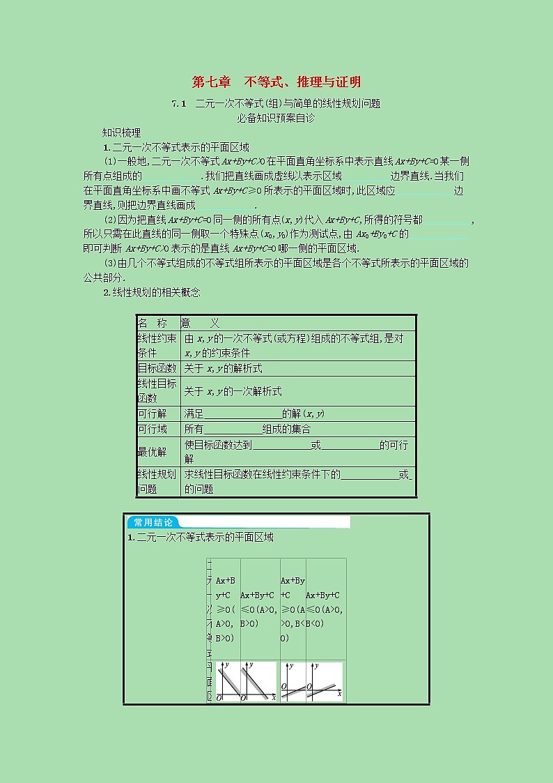 全国统考2022高考数学一轮复习第七章不等式推理与证明学案理含解析打包5套北师大版 学案01