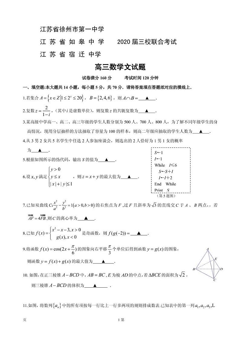 2020届江苏省如皋中学、徐州一中、宿迁中学三校高三联合考试数学（文）试题(PDF版)01