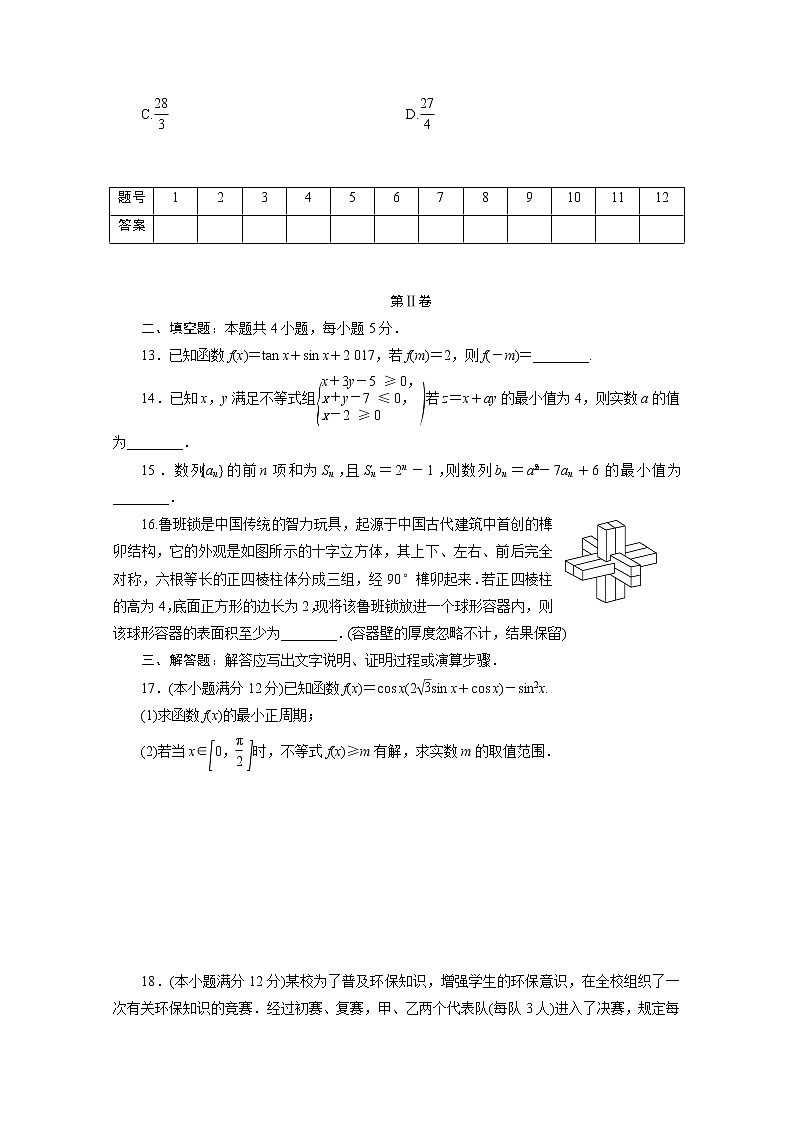 全国统考版2021届高考数学二轮复习验收仿真模拟卷四理含解析03
