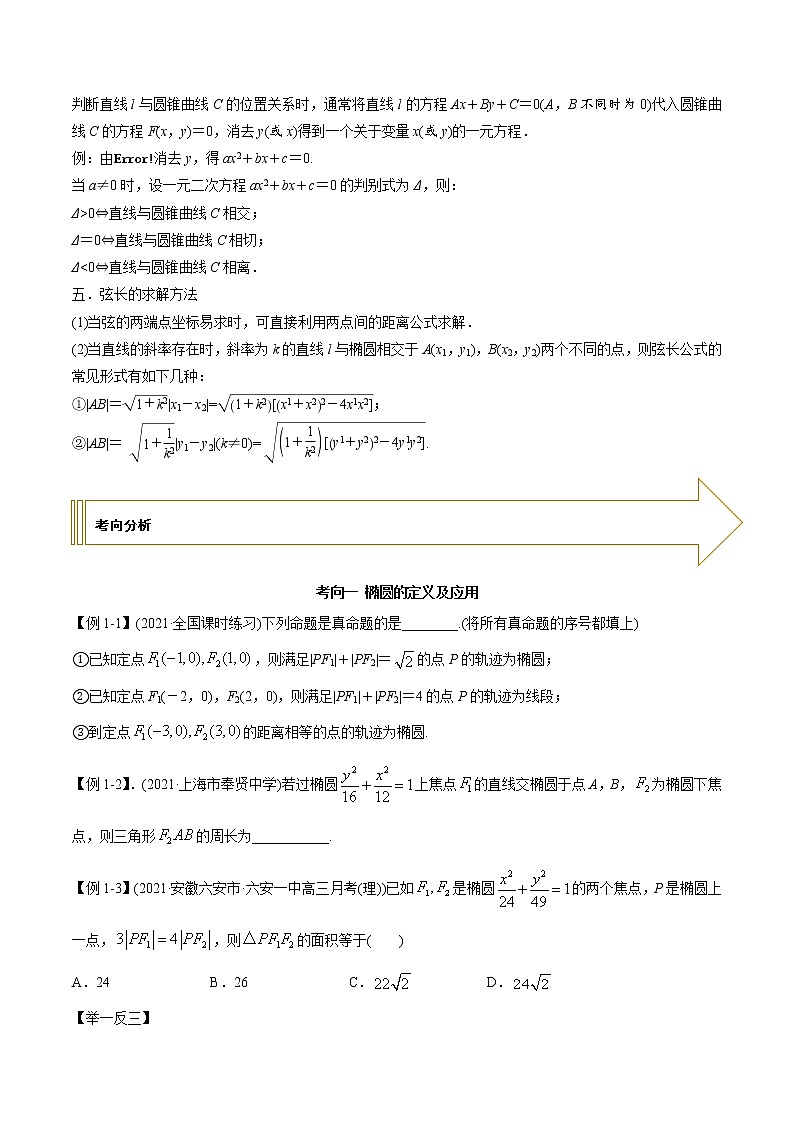 2021年高考艺术生数学基础复习 考点43 椭圆（学生版） 教案02