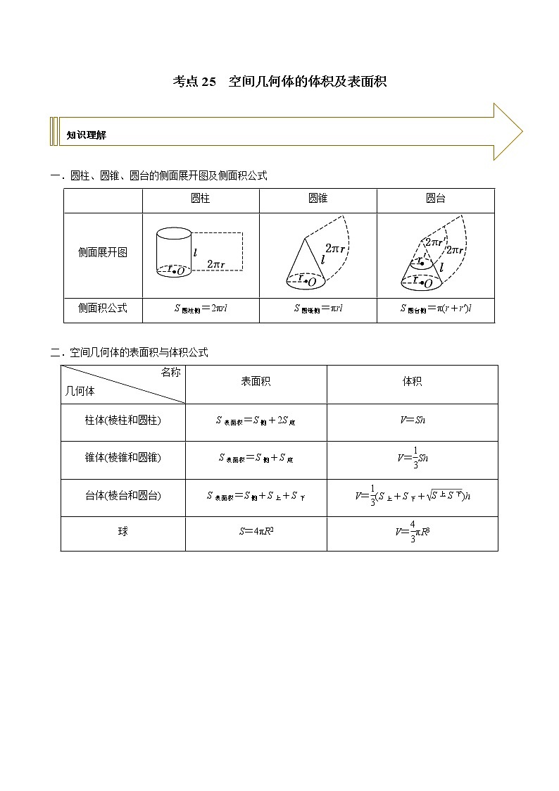 2021年高考艺术生数学基础复习 考点25 空间几何体的体积及表面积（学生版）第1页
